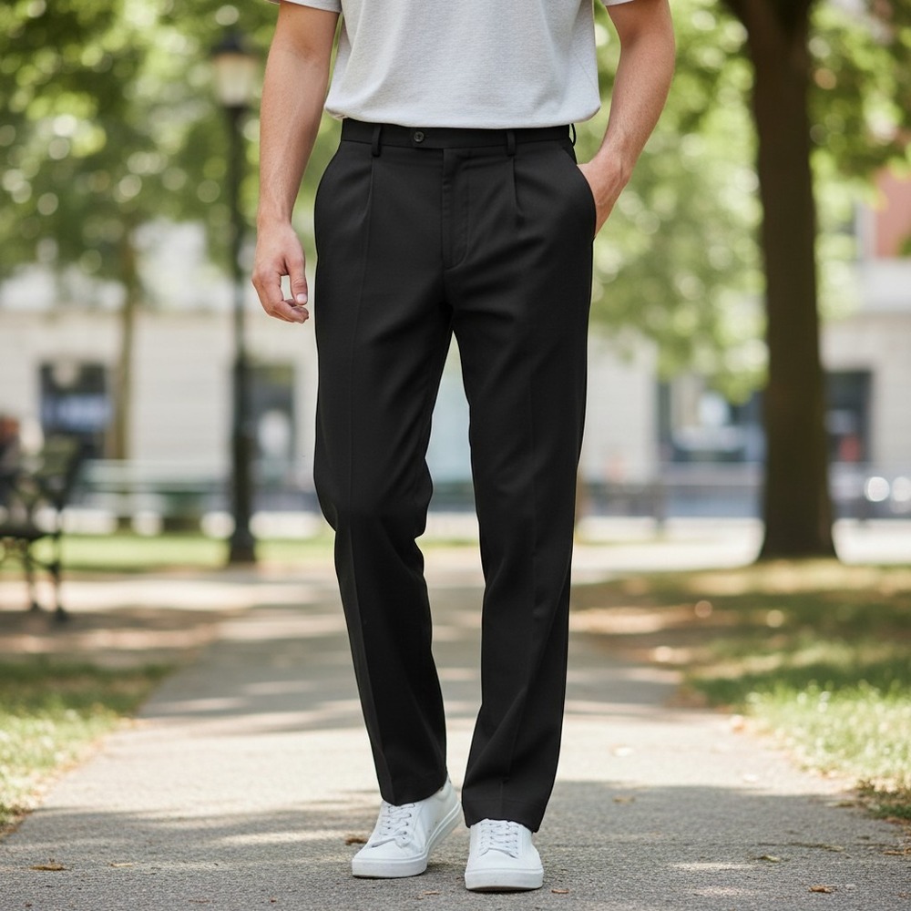 Roundtree & Yorke Dress Pants 35x30 Black Excellent Pleated Cotton Trousers